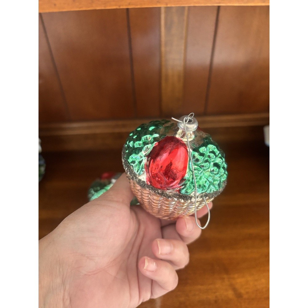 5pc Vintage German Mercury Glass Christmas Ornaments fruit basket handpainted - Picture 3 of 15